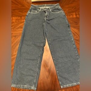 Women's Dark Denim Indigo Pinstriped Carpenter Wide Leg Jeans